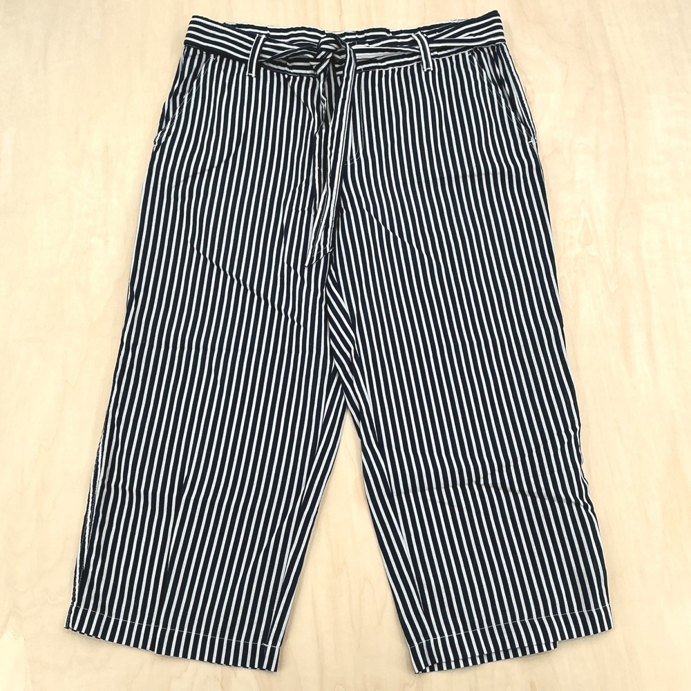 Liz Claiborne Culottes Women M Navy White Striped Linen Blend Wide Leg Coastal